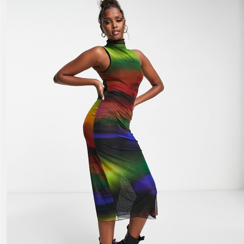 Pull&Bear sleeveless mesh maxi dress in multi print Sz M